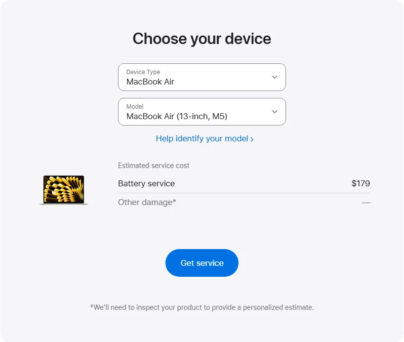 Apple US's repair pricing panel showing MacBook Air (13-inch, M5) service estimates