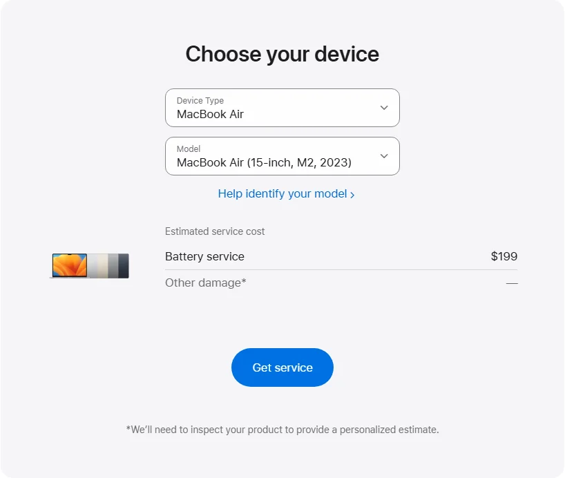 Apple US's repair pricing panel showing MacBook Air (15-inch, M2, 2023) service estimates