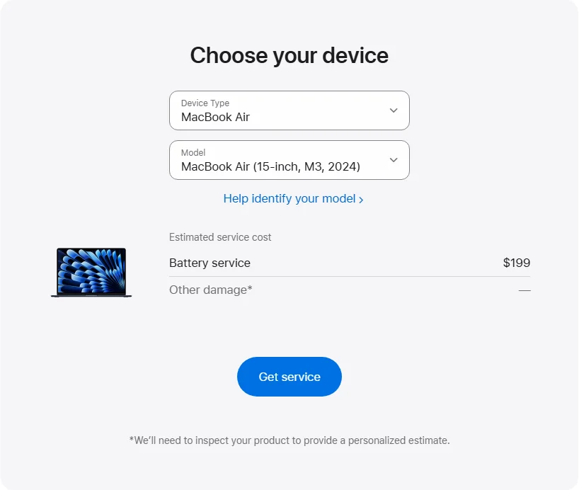 Apple US's repair pricing panel showing MacBook Air (15-inch, M3, 2024) service estimates