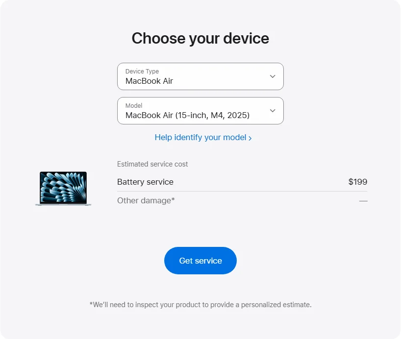 Apple US's repair pricing panel showing MacBook Air (15-inch, M4, 2025) service estimates