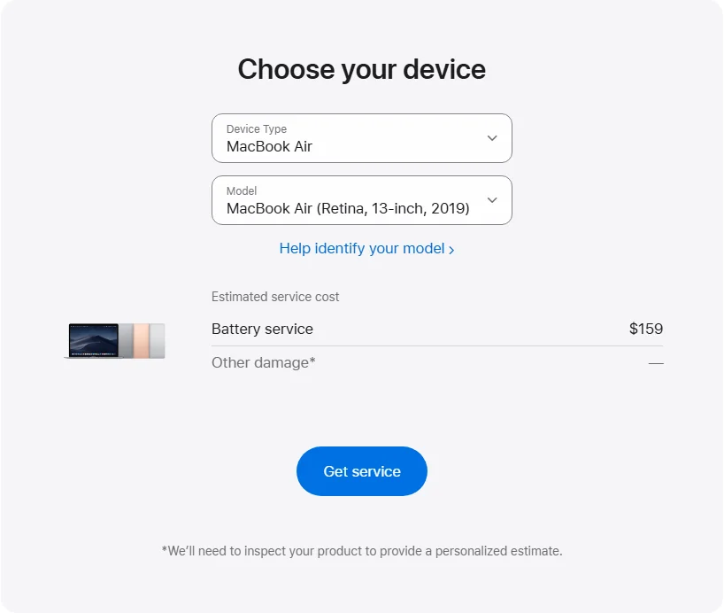 Apple US's repair pricing panel showing MacBook Air (Retina, 13-inch, 2019) service estimates