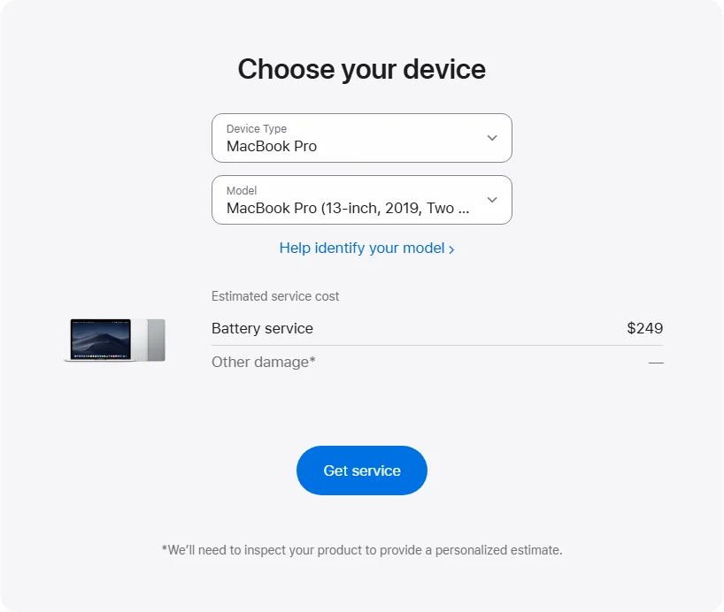 Apple US's repair pricing panel showing MacBook Pro (13-inch, 2019, Two Thunderbolt 3 Ports) service estimates