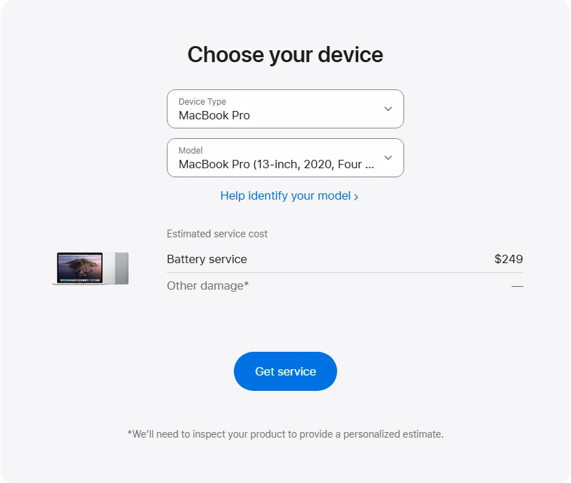 Apple US's repair pricing panel showing MacBook Pro (13-inch, 2020, Four Thunderbolt 3 Ports) service estimates