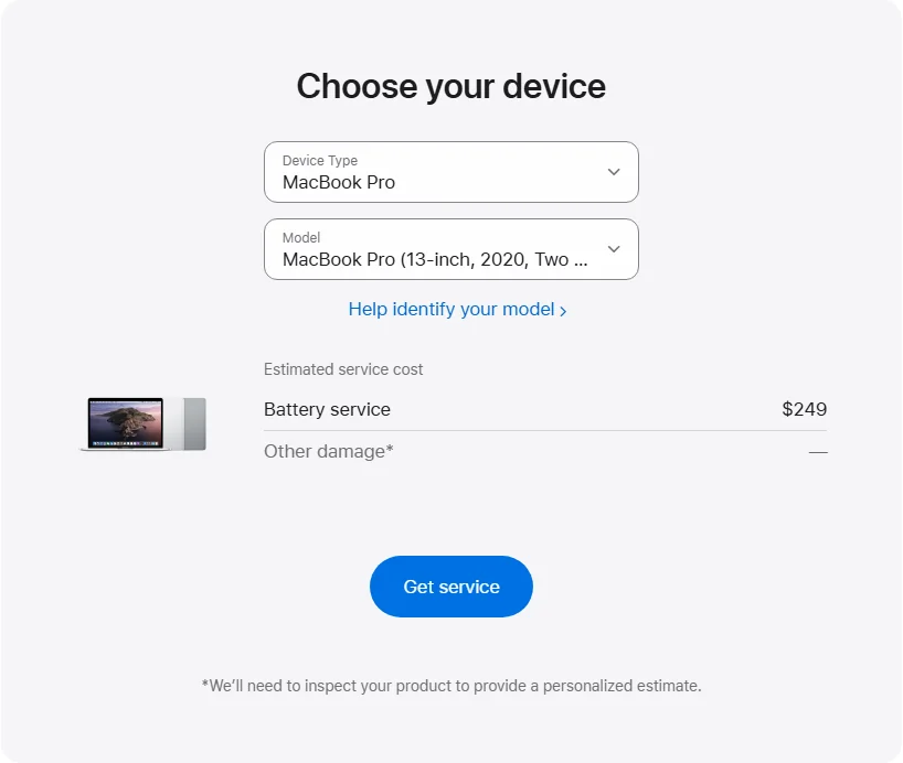 Apple US's repair pricing panel showing MacBook Pro (13-inch, 2020, Two Thunderbolt 3 Ports) service estimates
