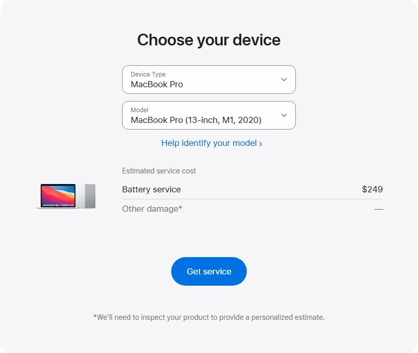 Apple US's repair pricing panel showing MacBook Pro (13-inch, M1, 2020) service estimates