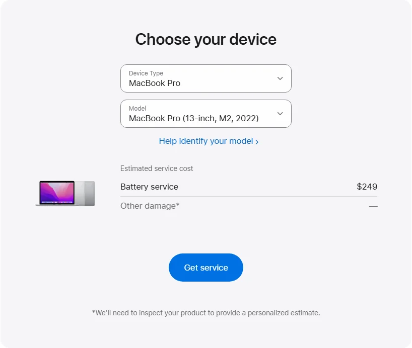 Apple US's repair pricing panel showing MacBook Pro (13-inch, M2, 2022) service estimates