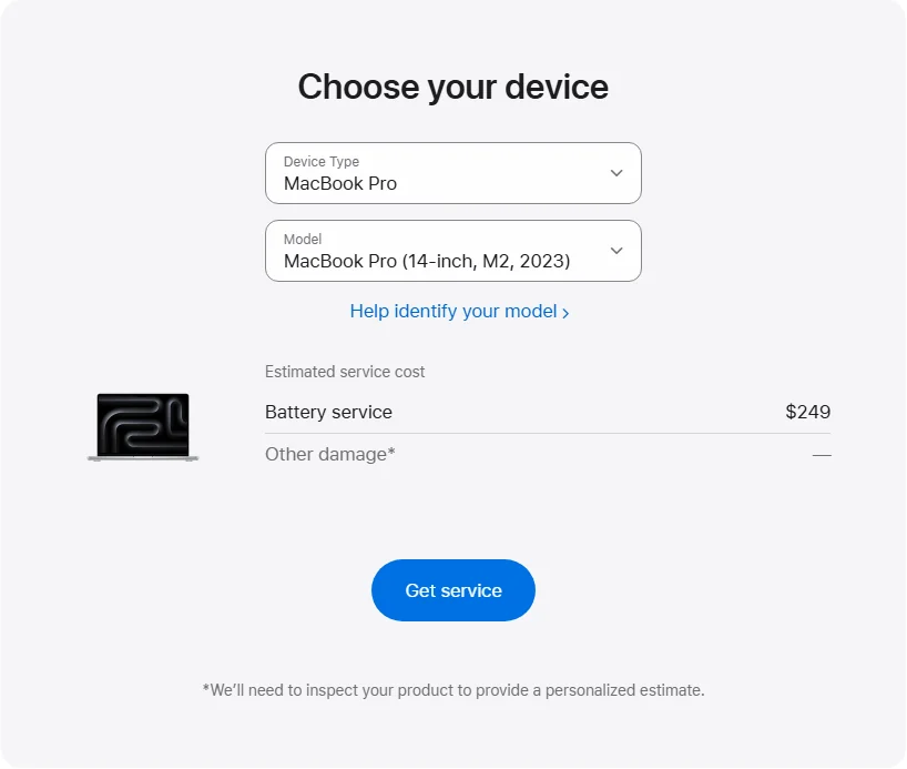 Apple US's repair pricing panel showing MacBook Pro (14-inch, M2, 2023) service estimates
