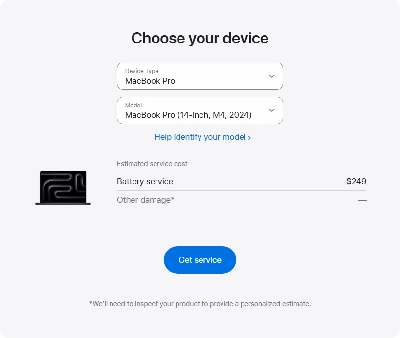 Apple US's repair pricing panel showing MacBook Pro (14-inch, M4, 2024) service estimates