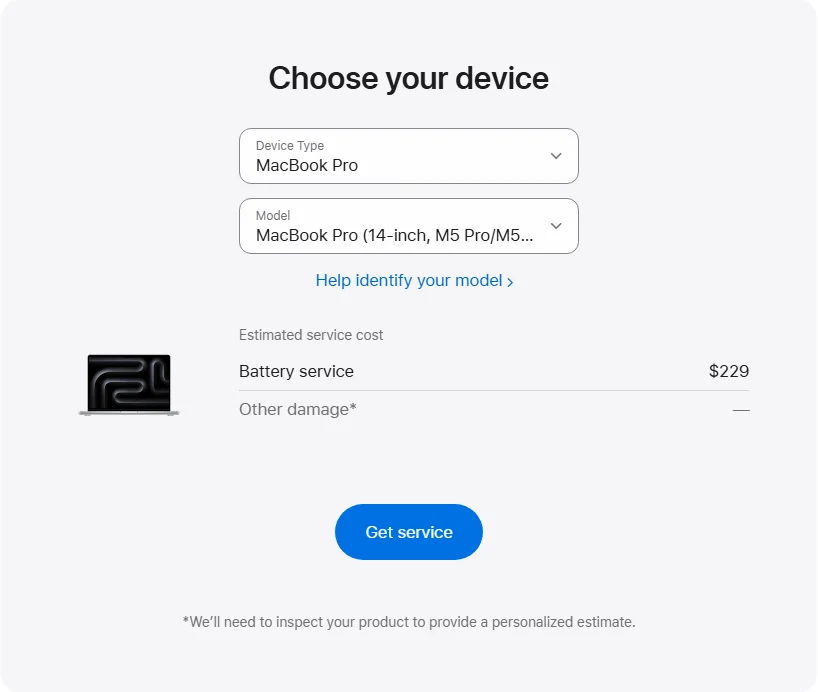 Apple US's repair pricing panel showing MacBook Pro (14-inch, M5 Pro/M5 Max) service estimates