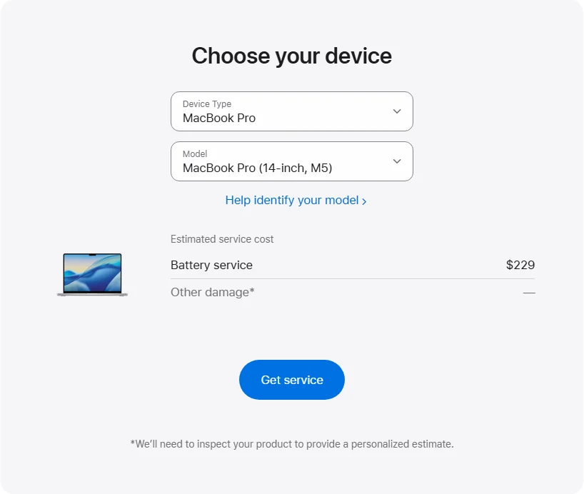 Apple US's repair pricing panel showing MacBook Pro (14-inch, M5) service estimates