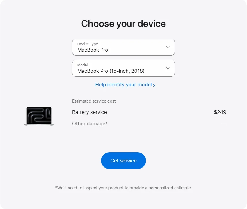 Apple US's repair pricing panel showing MacBook Pro (15-inch, 2018) service estimates