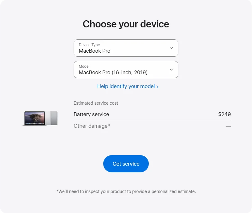 Apple US's repair pricing panel showing MacBook Pro (16-inch, 2019) service estimates