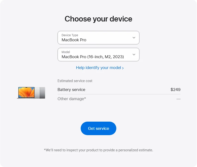 Apple US's repair pricing panel showing MacBook Pro (16-inch, M2, 2023) service estimates