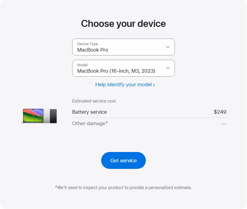 Apple US's repair pricing panel showing MacBook Pro (16-inch, M3, 2023) service estimates