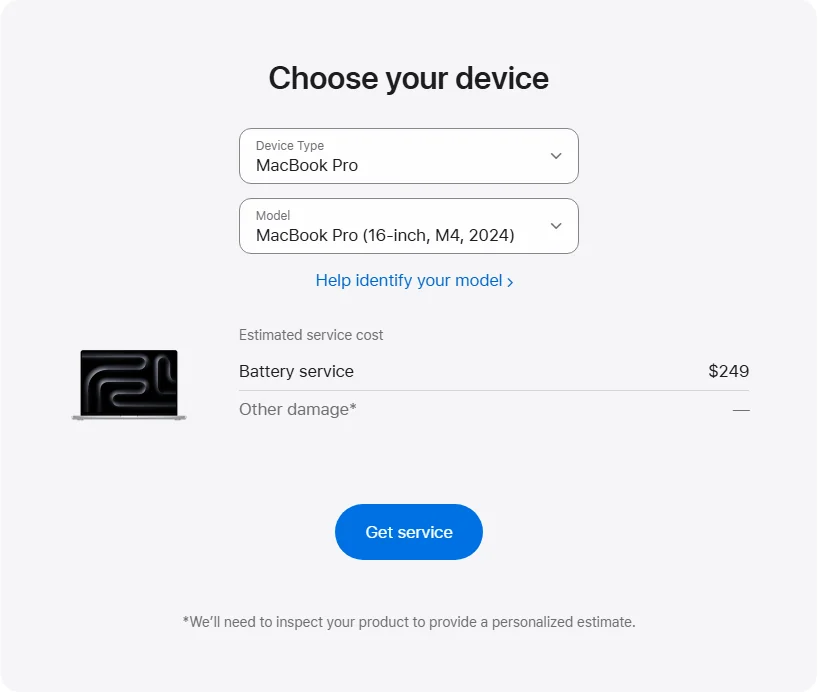 Apple US's repair pricing panel showing MacBook Pro (16-inch, M4, 2024) service estimates