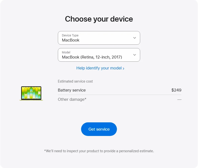 Apple US's repair pricing panel showing MacBook (Retina, 12-inch, 2017) service estimates