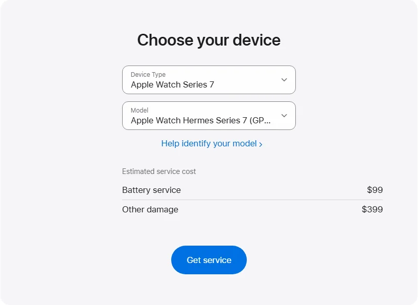 Apple US's repair pricing panel showing Apple Watch Hermes Series 7 (GPS + Cellular) 41 mm service estimates