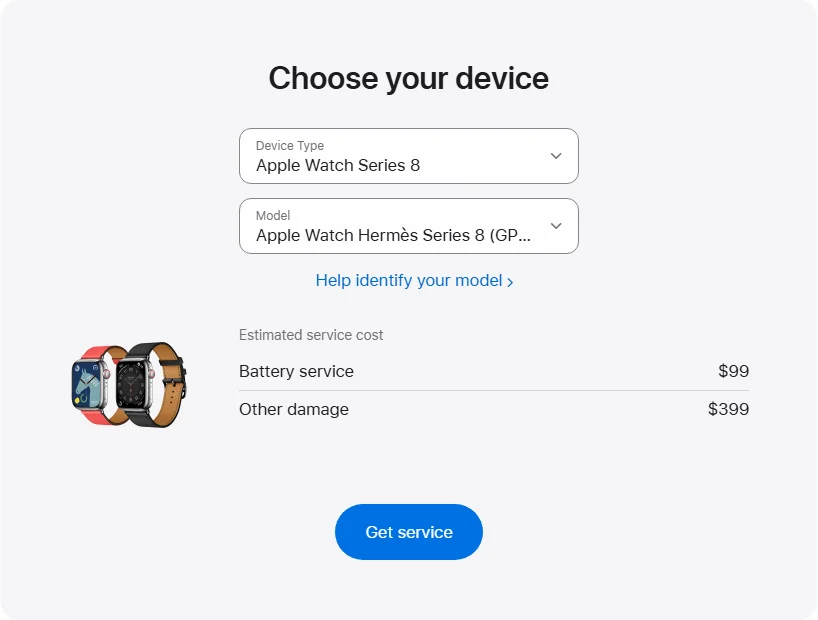 Apple US's repair pricing panel showing Apple Watch Hermès Series 8 (GPS + Cellular) 45 mm service estimates