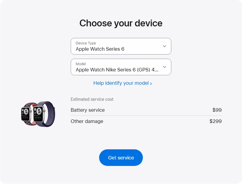 Apple US's repair pricing panel showing Apple Watch Nike Series 6 (GPS) 40 mm service estimates