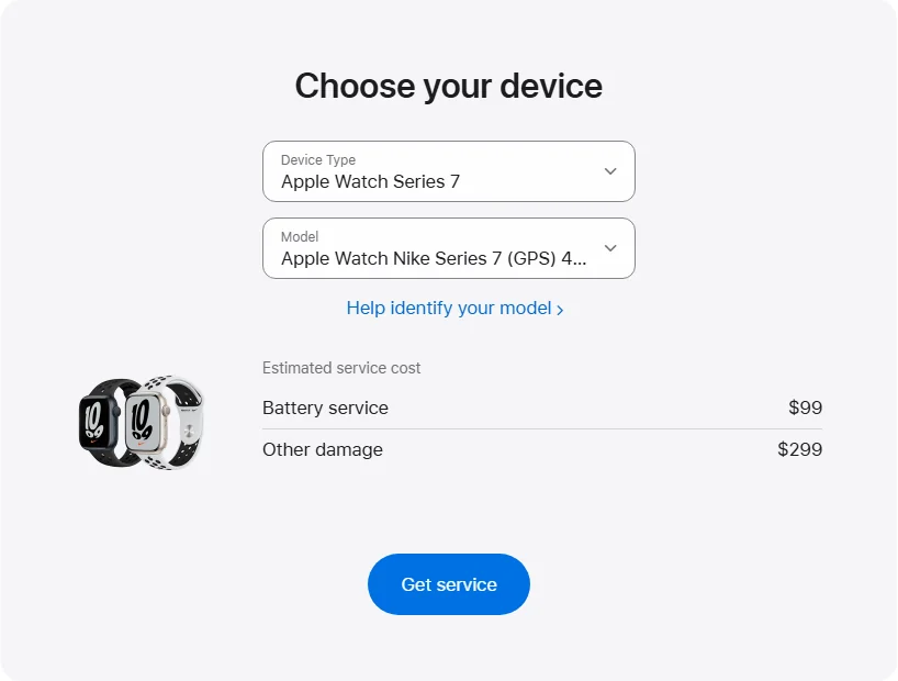 Apple US's repair pricing panel showing Apple Watch Nike Series 7 (GPS) 45 mm service estimates