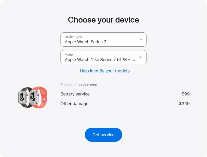 Apple US's repair pricing panel showing Apple Watch Nike Series 7 (GPS + Cellular) 41 mm service estimates