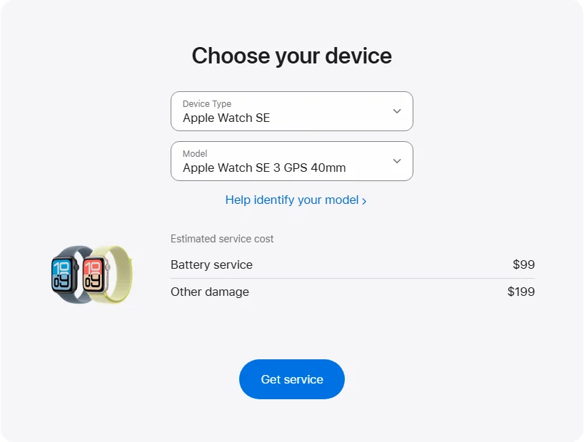 Apple US's repair pricing panel showing Apple Watch SE 3 GPS 40mm service estimates