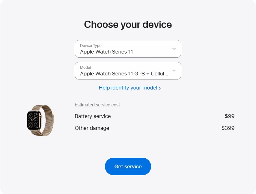 Apple US's repair pricing panel showing Apple Watch Series 11 GPS + Cellular Titanium 42mm service estimates