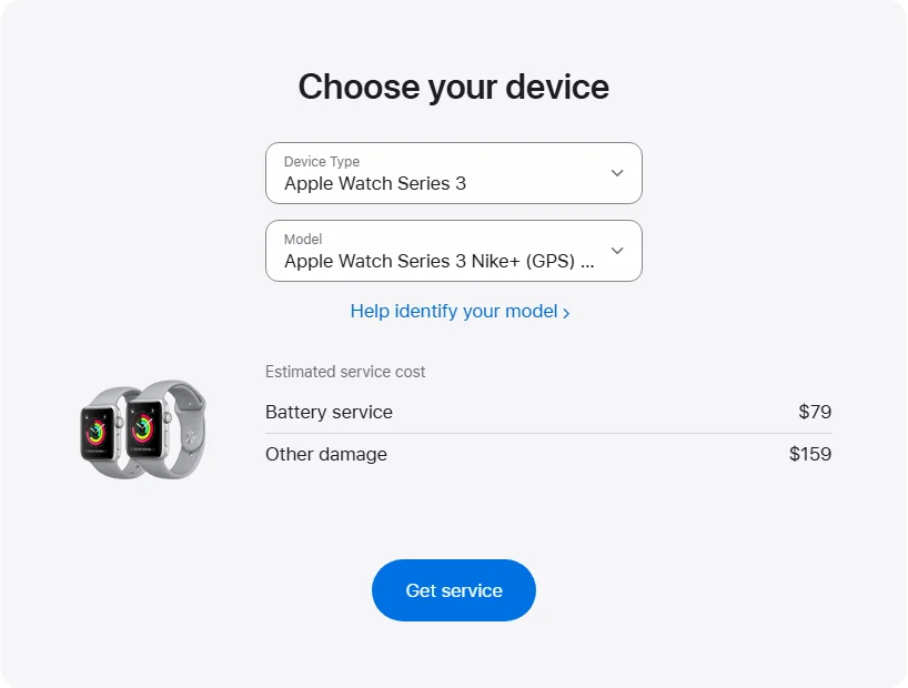Apple US's repair pricing panel showing Apple Watch Series 3 Nike+ (GPS) 42 mm service estimates