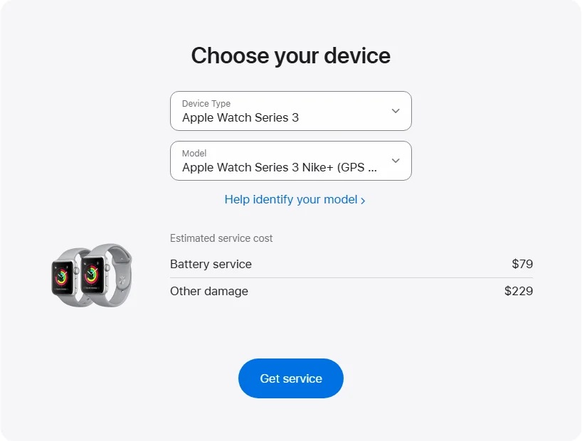 Apple US's repair pricing panel showing Apple Watch Series 3 Nike+ (GPS + Cellular) 38 mm service estimates