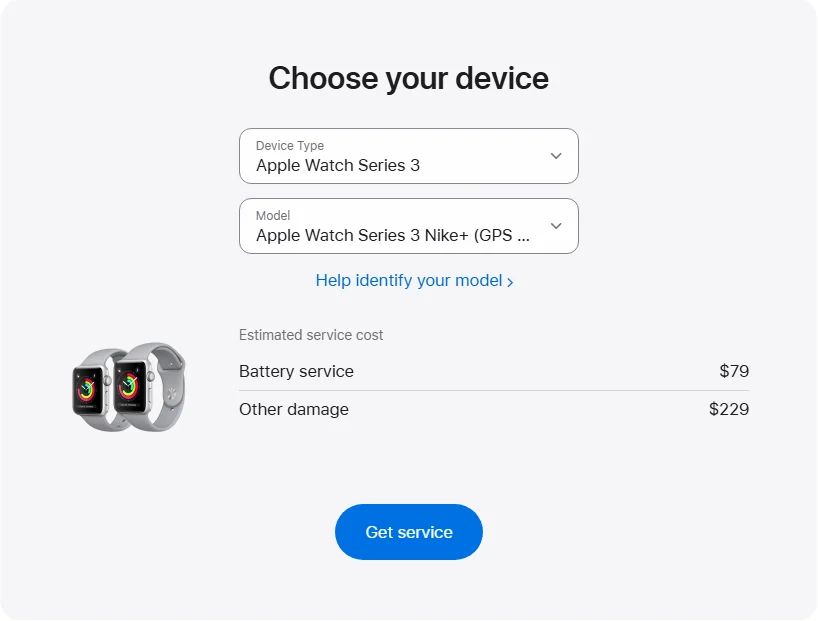 Apple US's repair pricing panel showing Apple Watch Series 3 Nike+ (GPS + Cellular) 42 mm service estimates