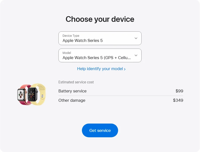 Apple US's repair pricing panel showing Apple Watch Series 5 (GPS + Cellular) Nike 40 mm service estimates