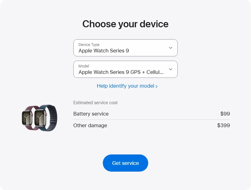 Apple US's repair pricing panel showing Apple Watch Series 9 GPS + Cellular Stainless Steel 41mm service estimates